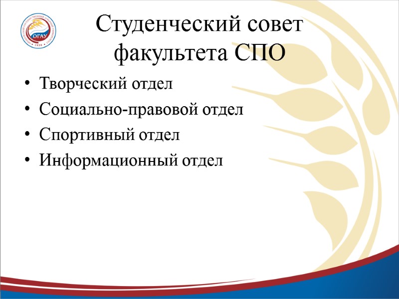 Студенческий совет  факультета СПО Творческий отдел Социально-правовой отдел Спортивный отдел Информационный отдел